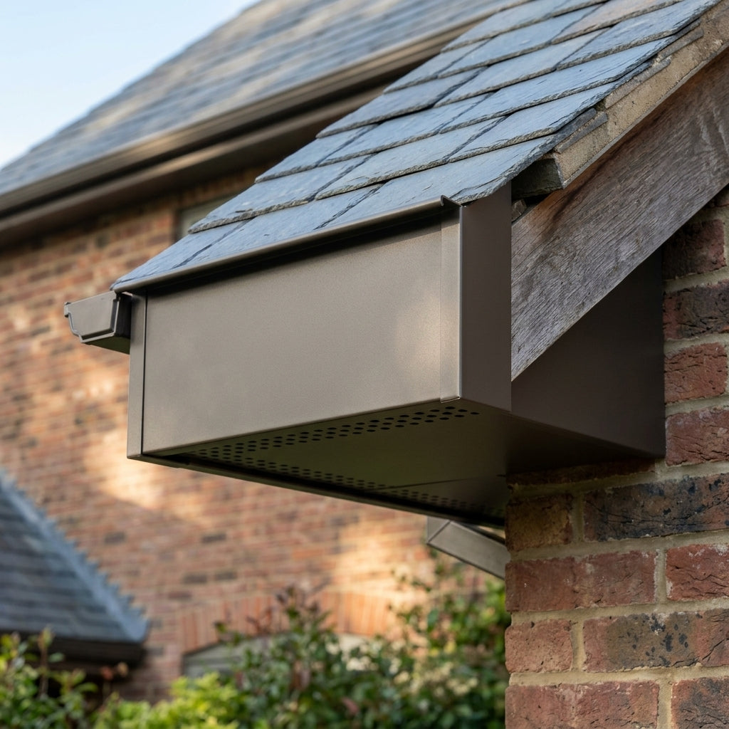 L Return Aluminium Fascia Board Gable Box Ends — RAL 7022 (in use)