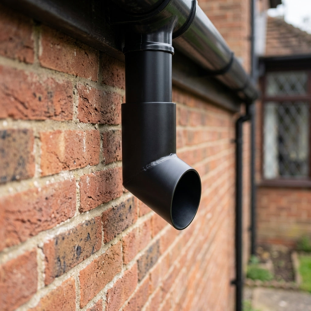 63mm Diameter Flush Joint Aluminium Downpipe Shoe — RAL 9005 (in use)
