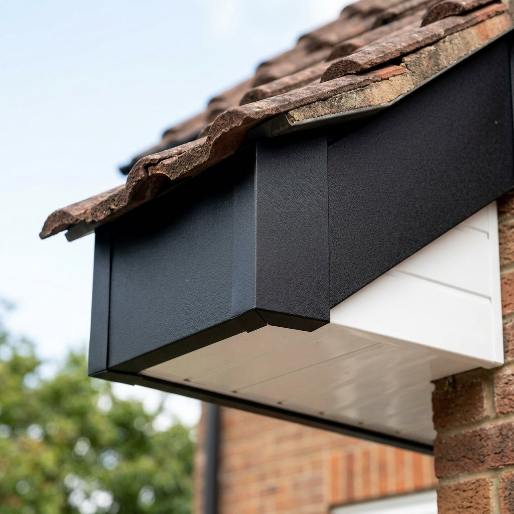 L Return Fascia Board Angle Covers – Aluminium Corner Fascia — Textured Black / 135 Deg Internal Angle (in use)