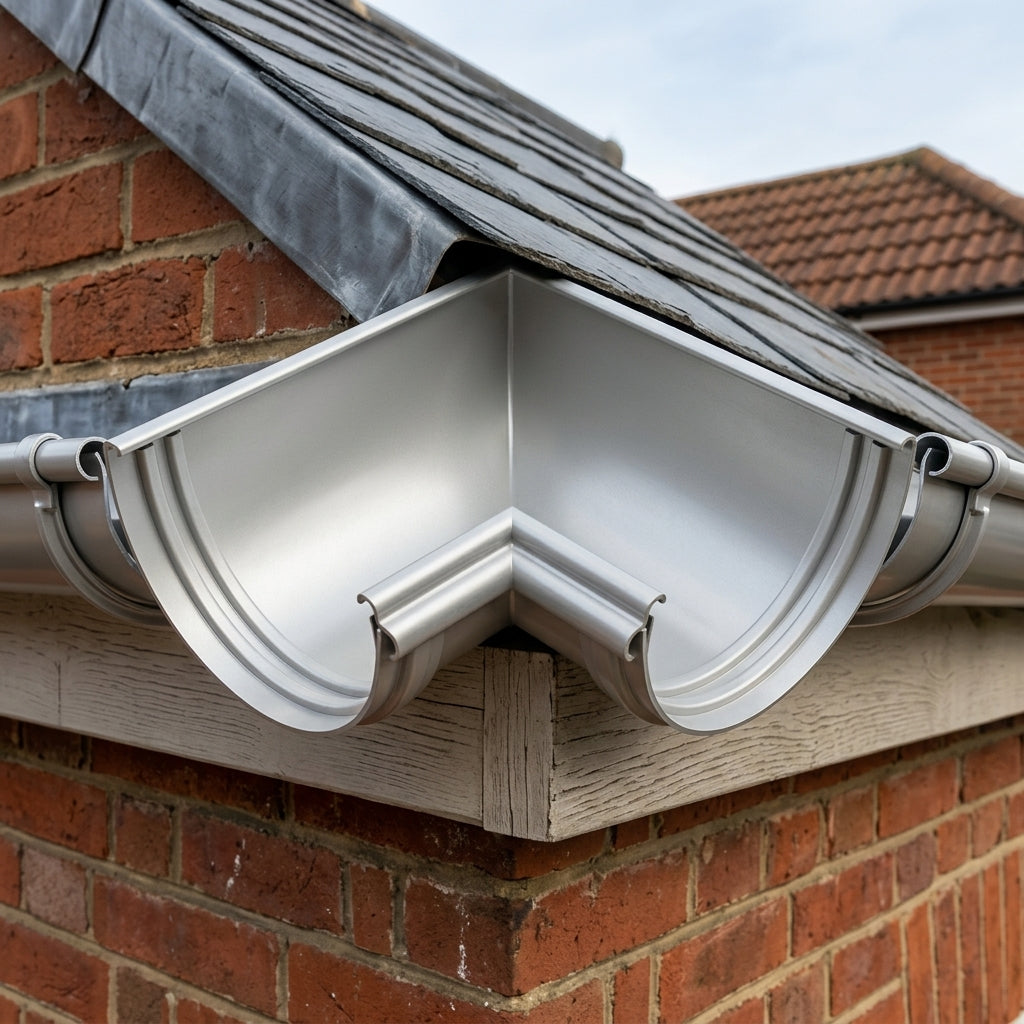 Half Round Aluminium Gutter Angle 90° - 125mm — RAL 9006 (in use)