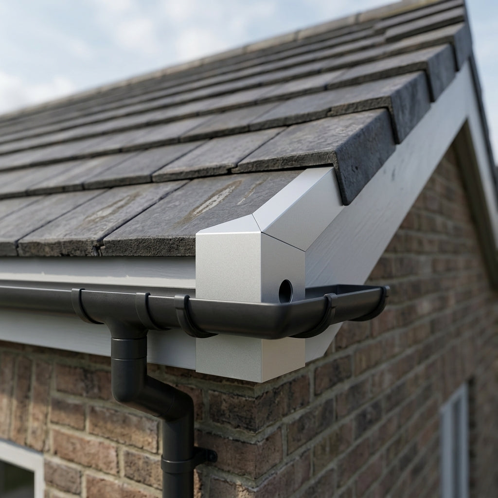 L Return Fascia Board Angle Covers – Aluminium Corner Fascia — RAL 9006 / 135 Deg External Angle (in use)
