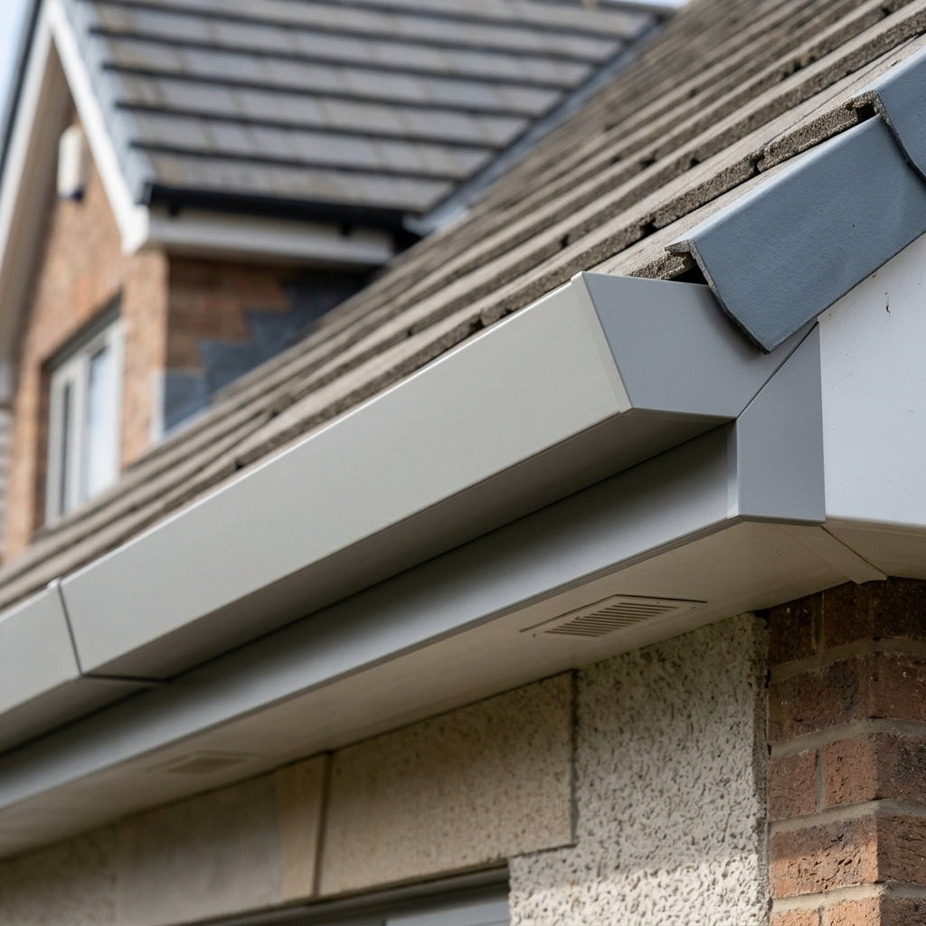 U Return Aluminium Fascia Angle Covers for Mitred Corners — RAL 7036 / 90 Deg External Angle (in use)