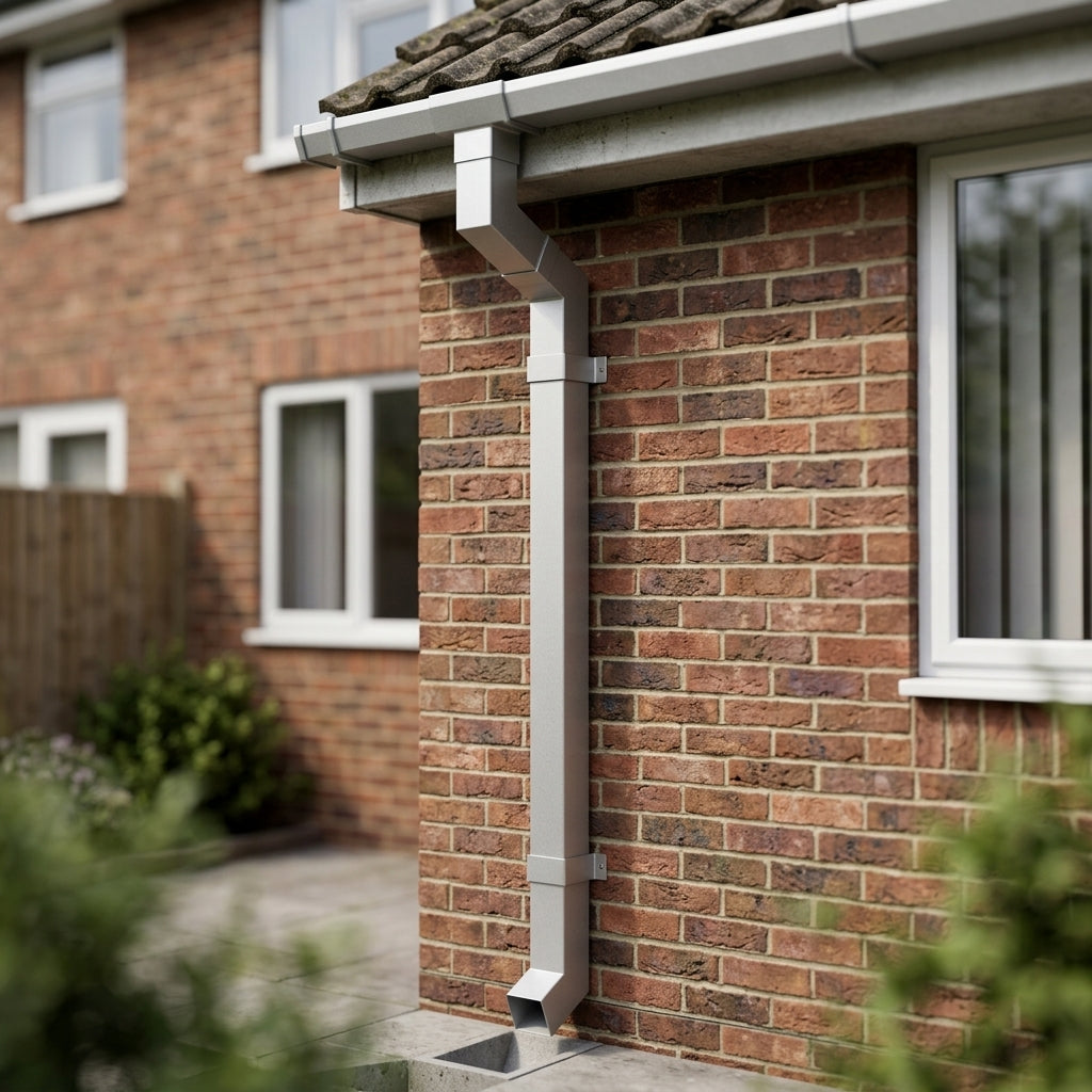 Flush Joint Adjustable Swanneck 72x72mm Aluminium Downpipe — RAL 9006 (in use)