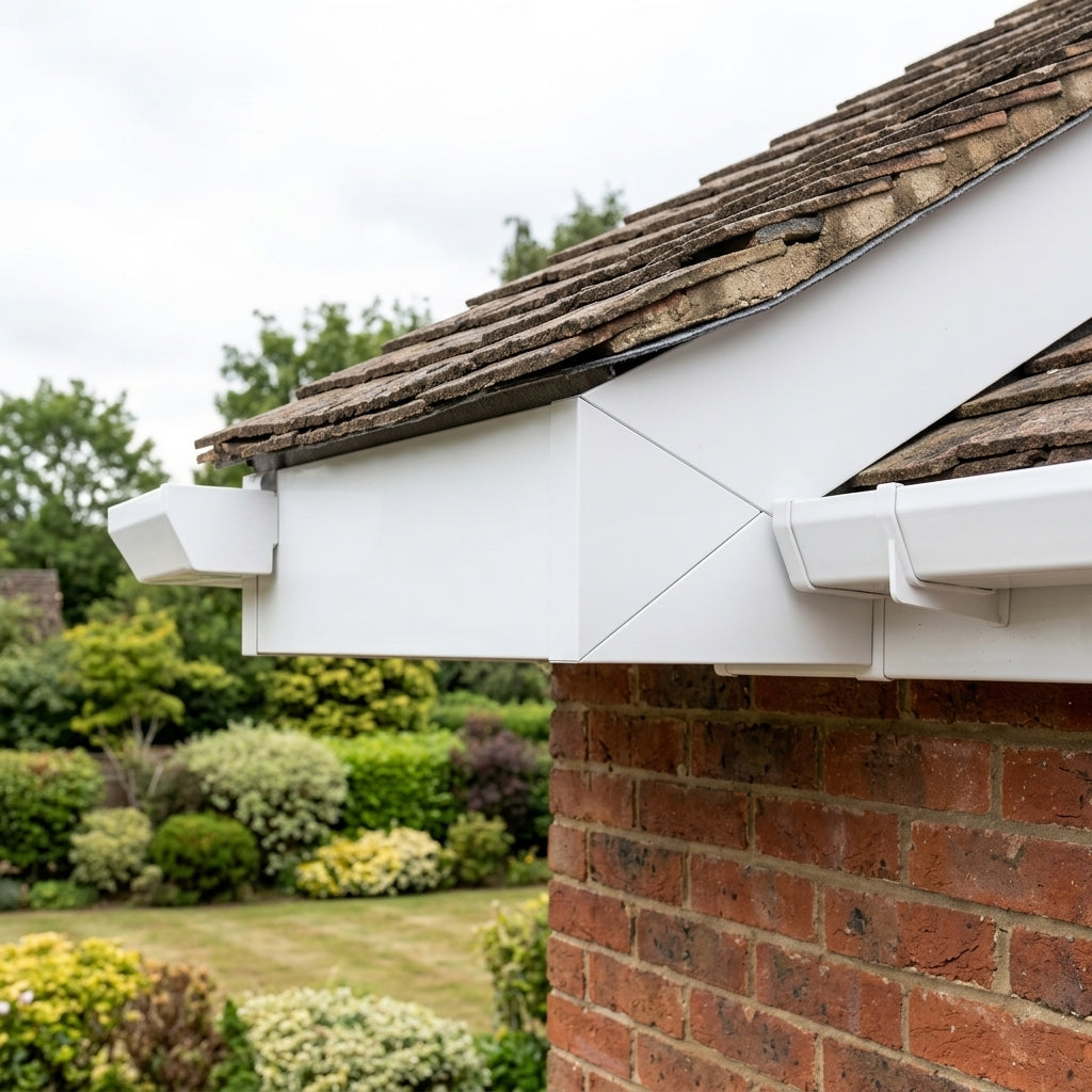 U Return Aluminium Fascia Angle Covers for Mitred Corners — RAL 9016 / 90 Deg External Angle (in use)