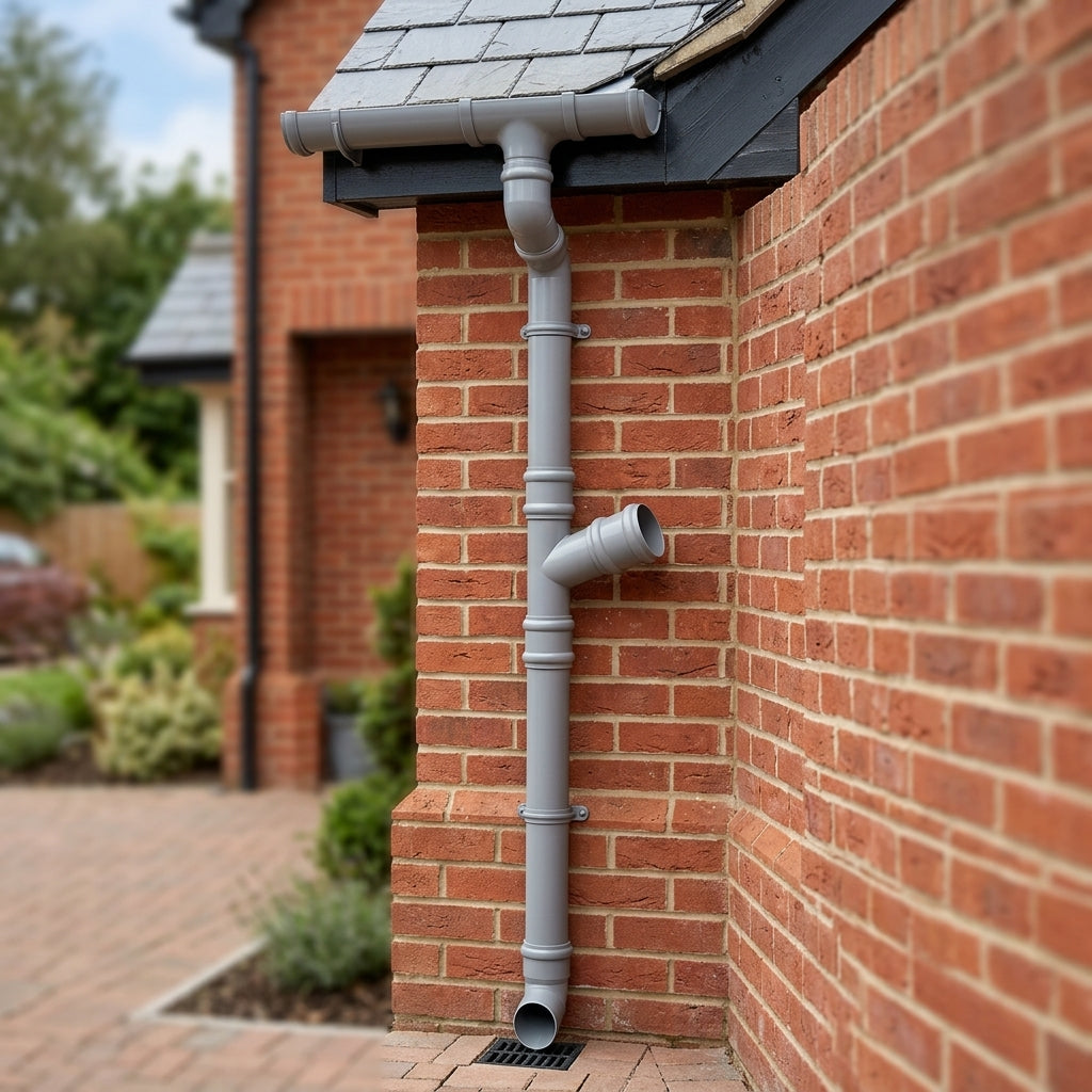 63mm Diameter Traditional Downpipe Branches 92.5° & 112.5° — RAL 7036 / 112.5 Degrees (in use)