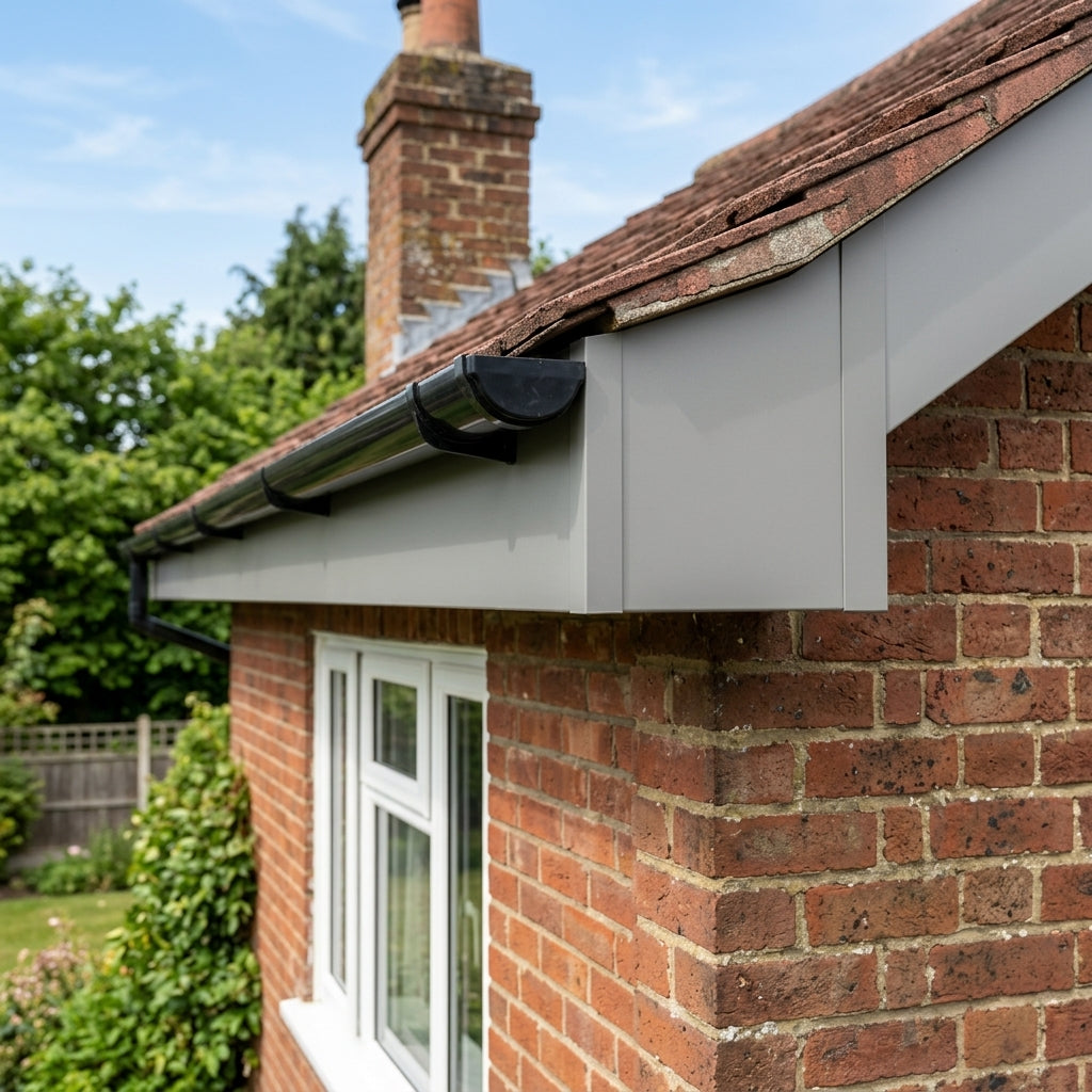 L Return Fascia Board Angle Covers – Aluminium Corner Fascia — RAL 7036 / 90 Deg External Angle (in use)