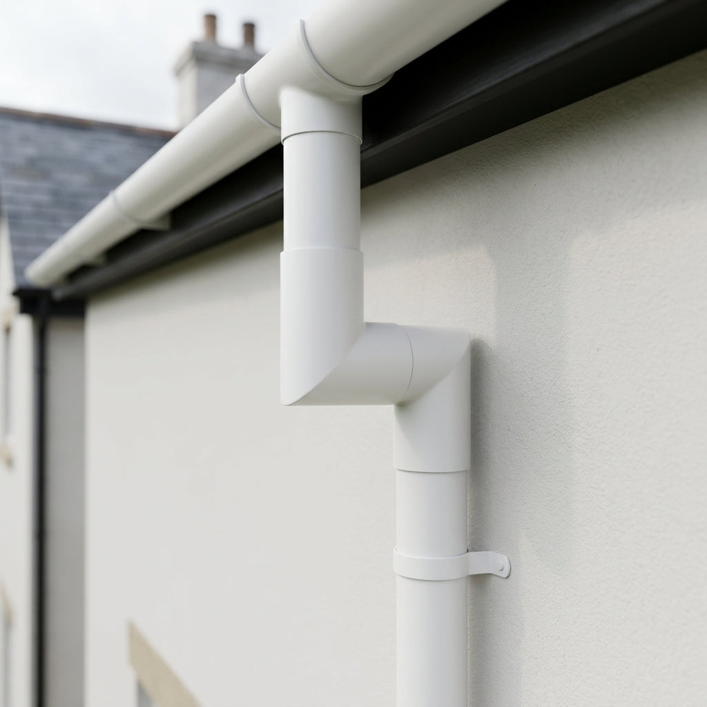 76mm Diameter Flush Joint Aluminium Downpipe Bends — RAL 9016 / 92.5 Deg (in use)