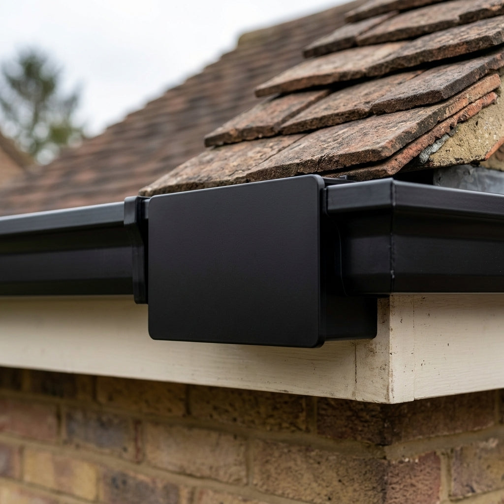 Aluminium Box Gutter Stop End 135 x 100mm — RAL 9005 (in use)