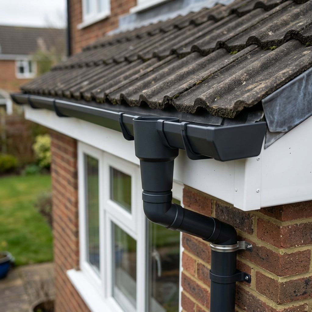 63mm Diameter Gutter Outlet Spigot Extender — RAL 7021 (in use)