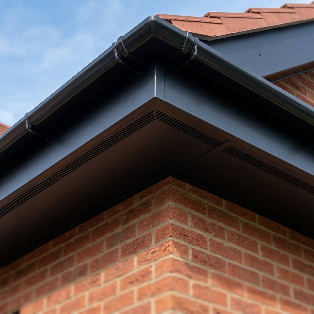 Aluminium Soffit Boards – Plain or Vented with Exterior Coating — RAL 9005 / 490mm Wide | Vented (in use)