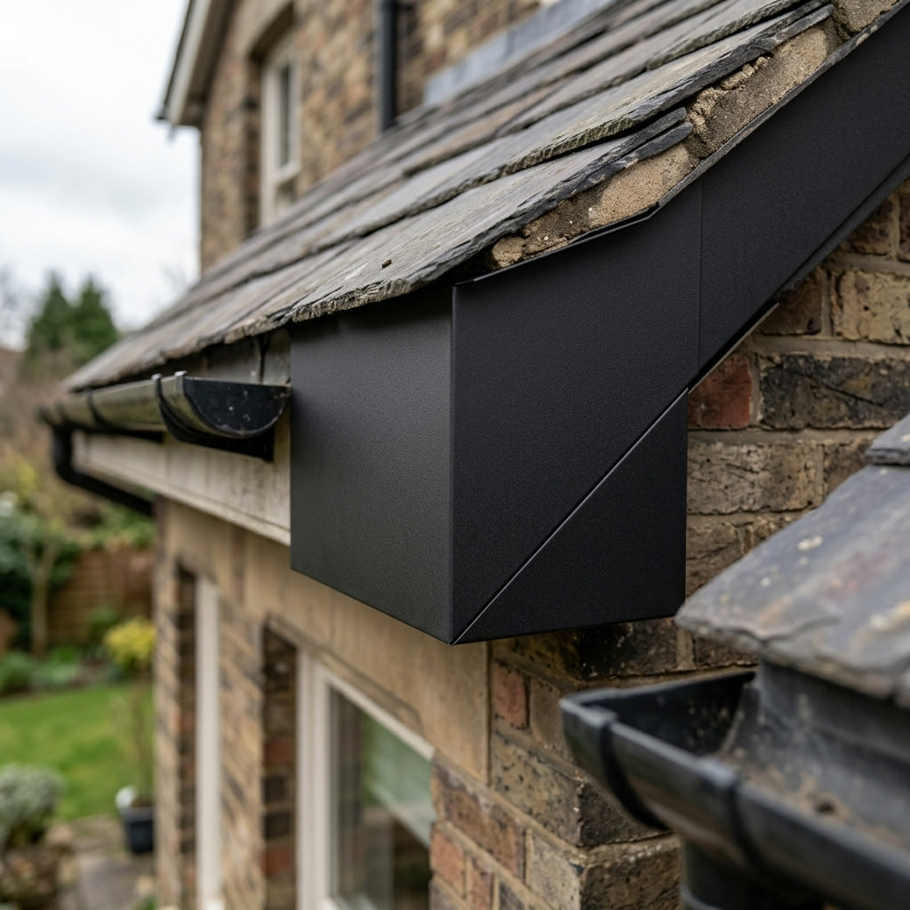 U Return Aluminium Fascia Angle Covers for Mitred Corners — Textured Black / 90 Deg Internal Angle (in use)