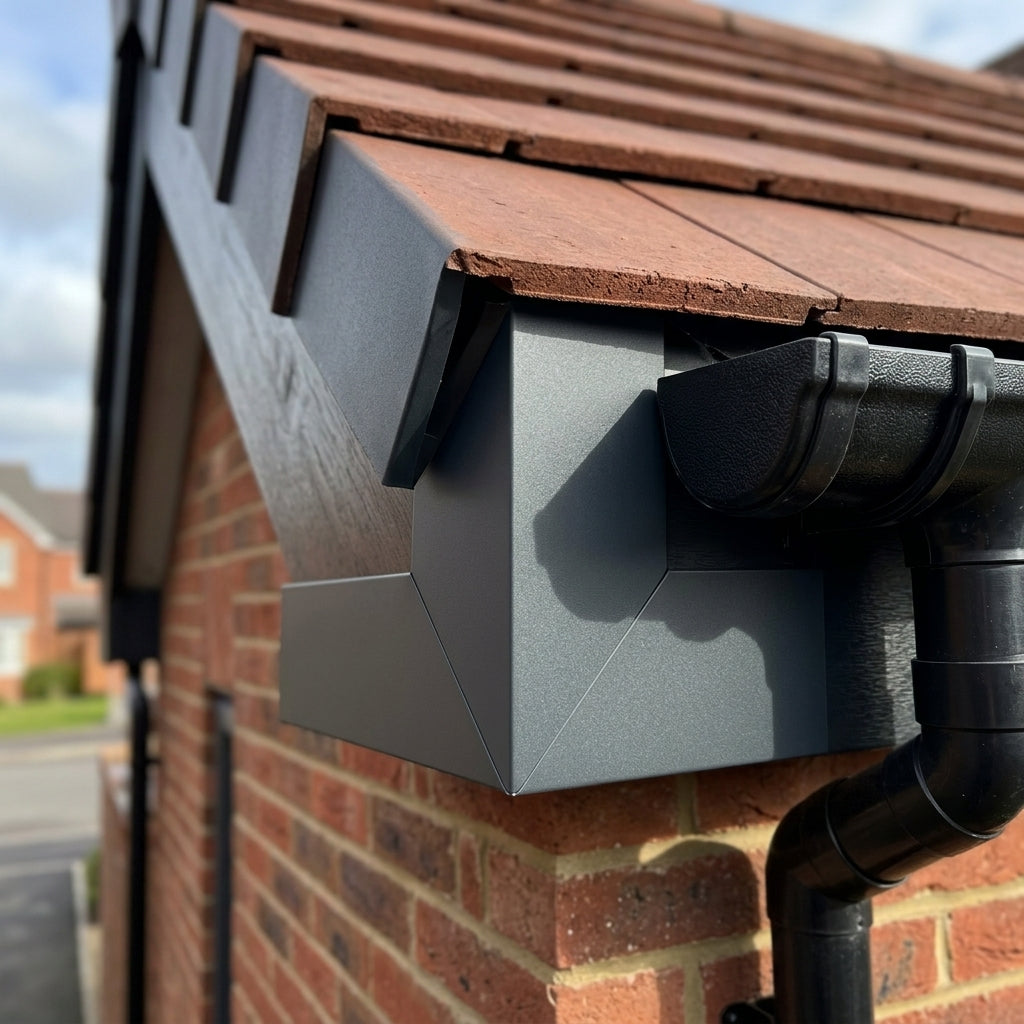 V Return Aluminium Fascia Angle Covers for Mitred Corners — RAL 7016 / 135 Deg Internal Angle (in use)