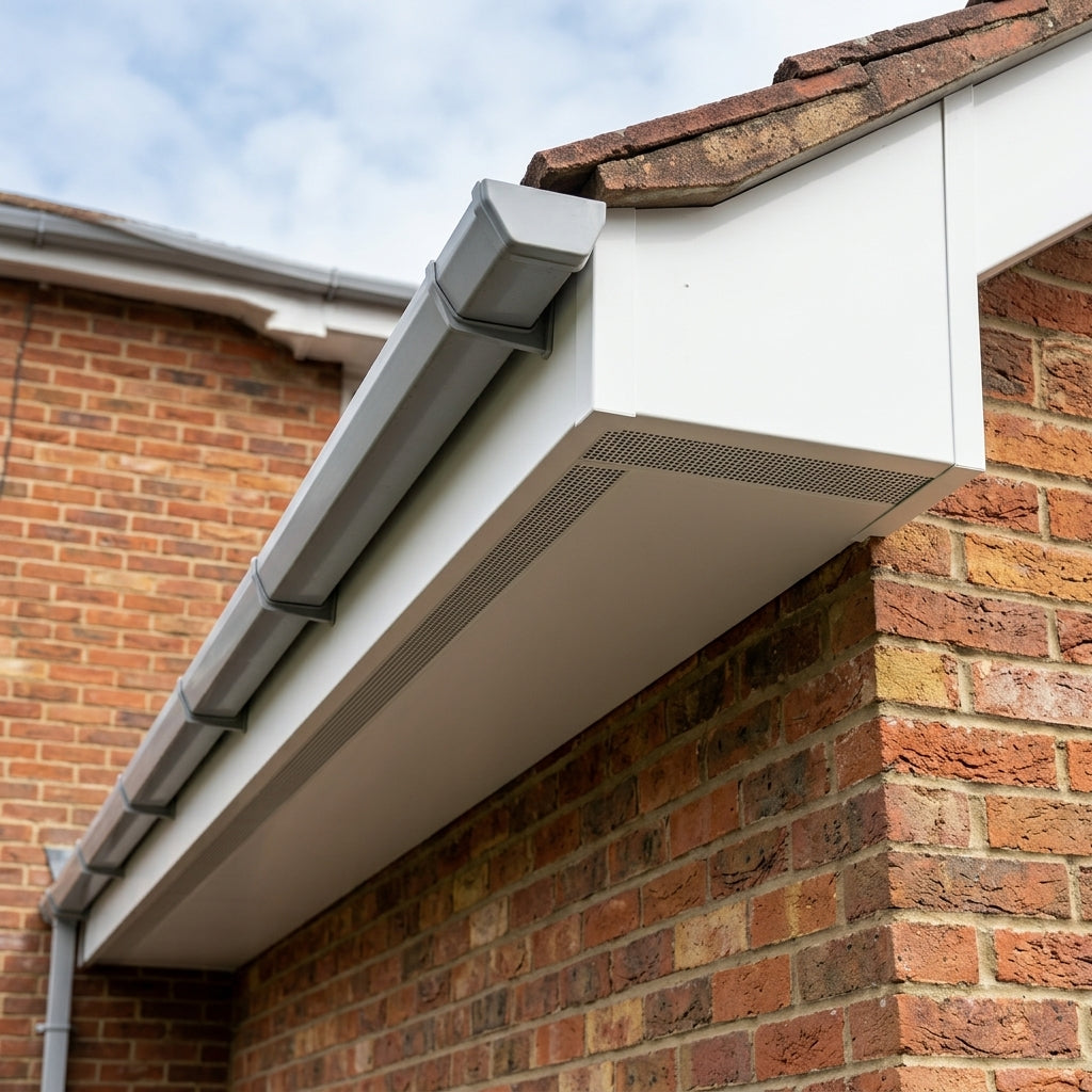 Aluminium Soffit Boards – Plain or Vented with Exterior Coating — RAL 9016 / 490mm Wide | Unvented (in use)