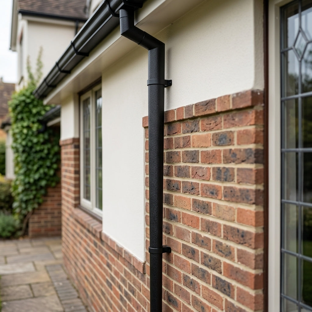 Aluminium Flush Joint Downpipe Sample — Textured Black / 63mmØ (in use)