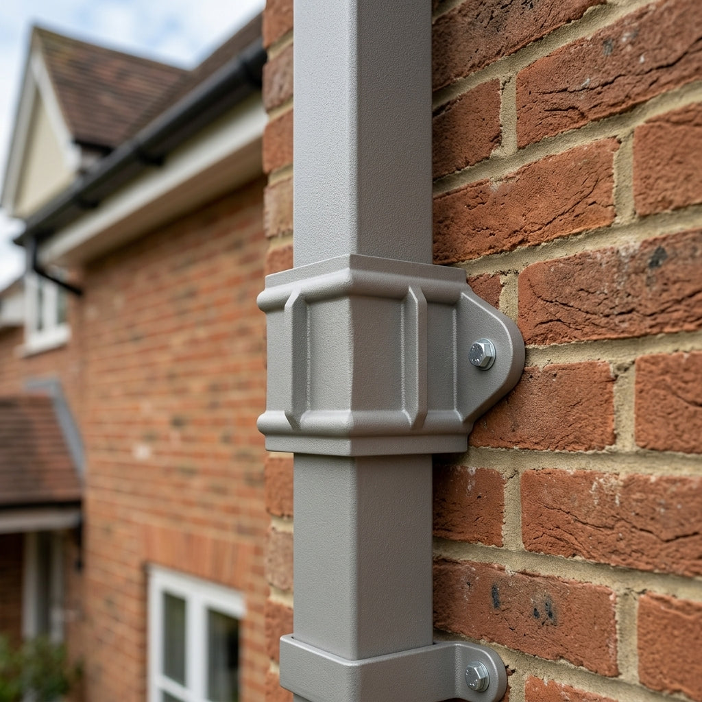 Traditional Downpipe Spare Socket Eared 72x72mm Aluminium — RAL 7036 (in use)