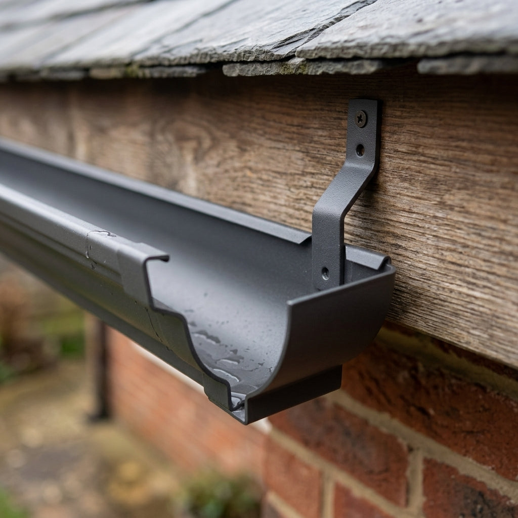 Moulded Ogee Gutter Top Rafter Bracket 125 x 100mm — RAL 7022 (in use)