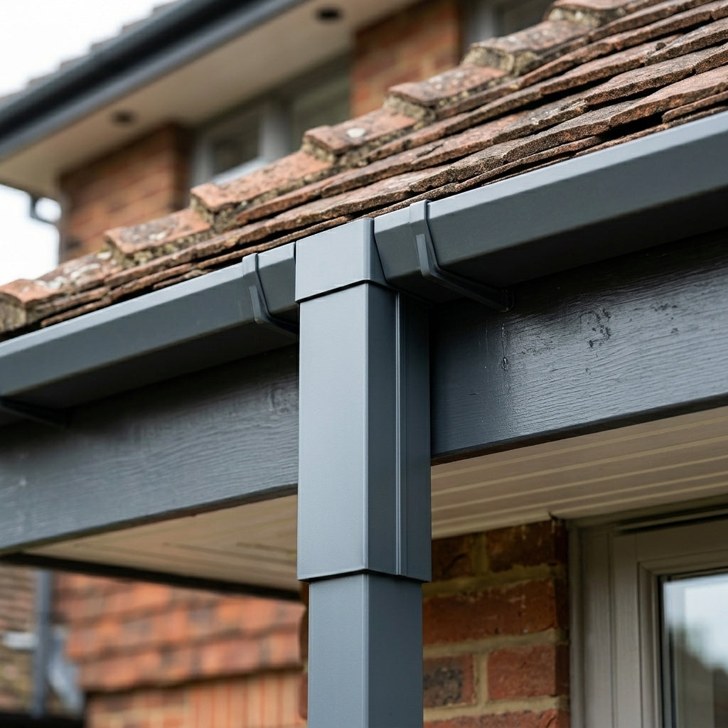 72x72mm Aluminium Gutter Outlet Spigot Extender — RAL 7016 (in use)