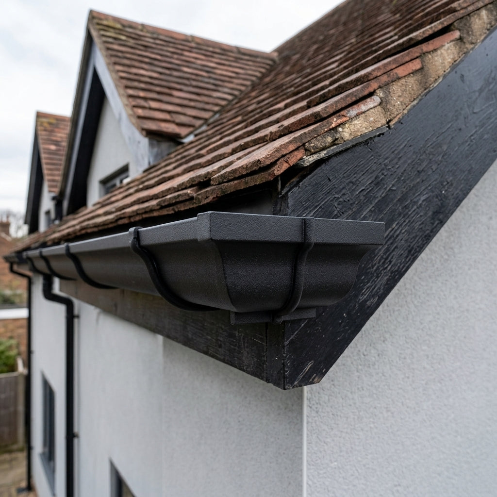 Moulded Ogee Gutter Jointer 125 x 100mm Marine Grade — Textured Black (in use)