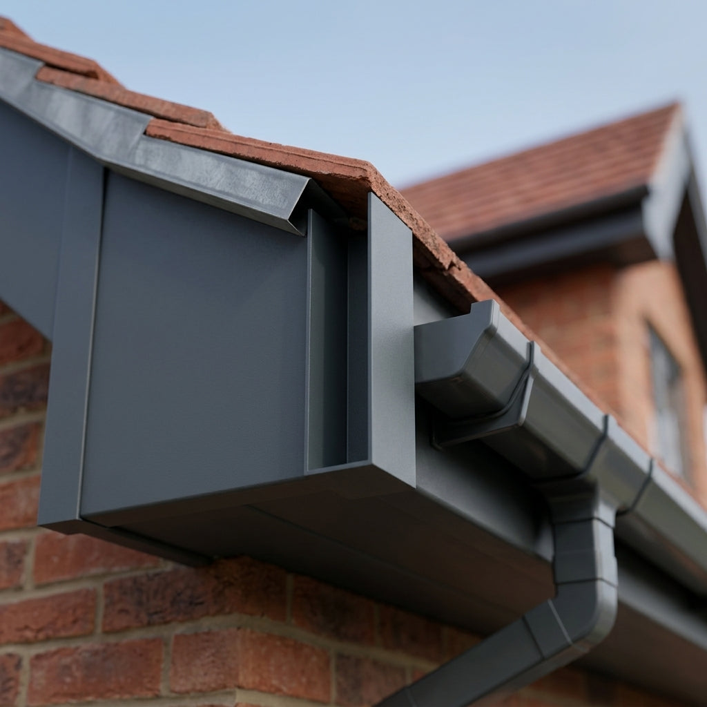 UF1 Aluminium Fascia Board Joint Cover - U Return Profile — RAL 7016 (in use)