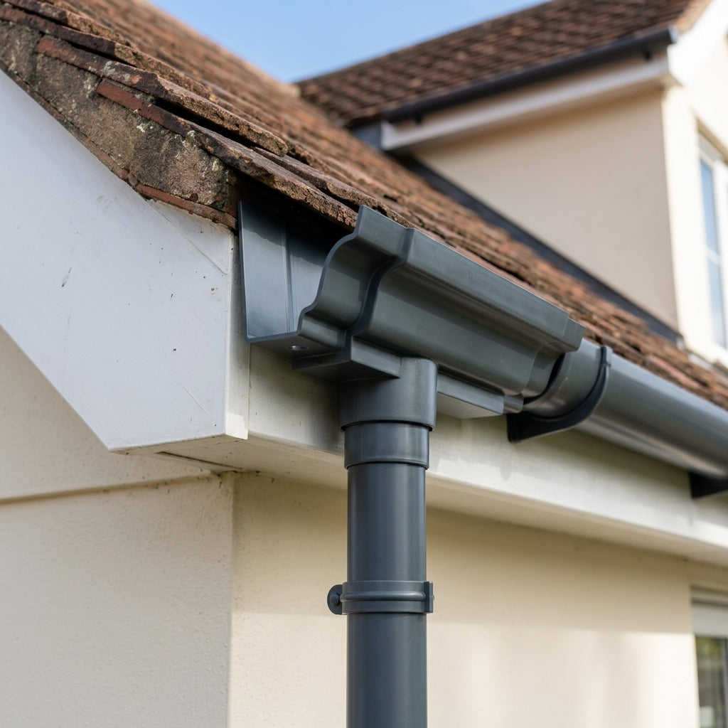 Moulded Ogee Gutter Outlet 63mm Dia, 125 x 100mm — RAL 7016 (in use)