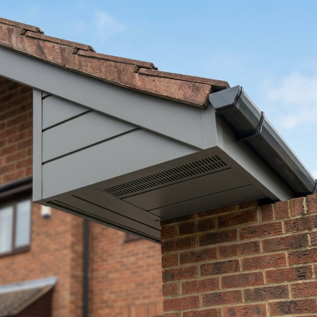 Aluminium Soffit Boards – Plain or Vented with Exterior Coating — RAL 7037 / 180mm Wide | Vented (in use)