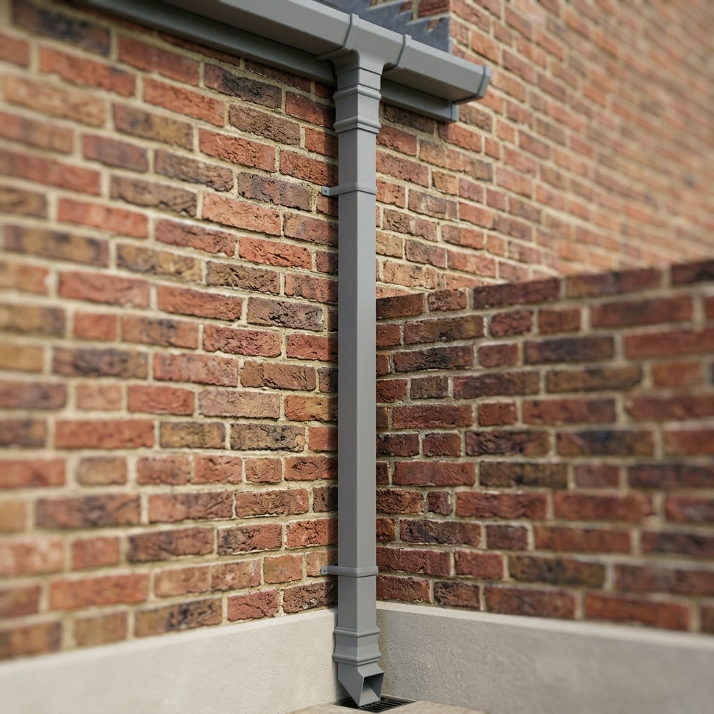 Traditional Downpipe Length 72x72mm x 3m Non-Eared Socket — RAL 7037 (in use)