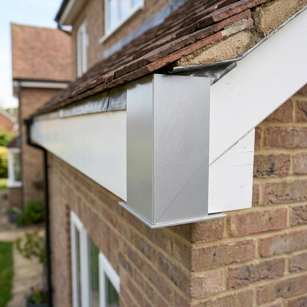 U Return Aluminium Fascia Angle Covers for Mitred Corners — RAL 9006 / 90 Deg Internal Angle (in use)