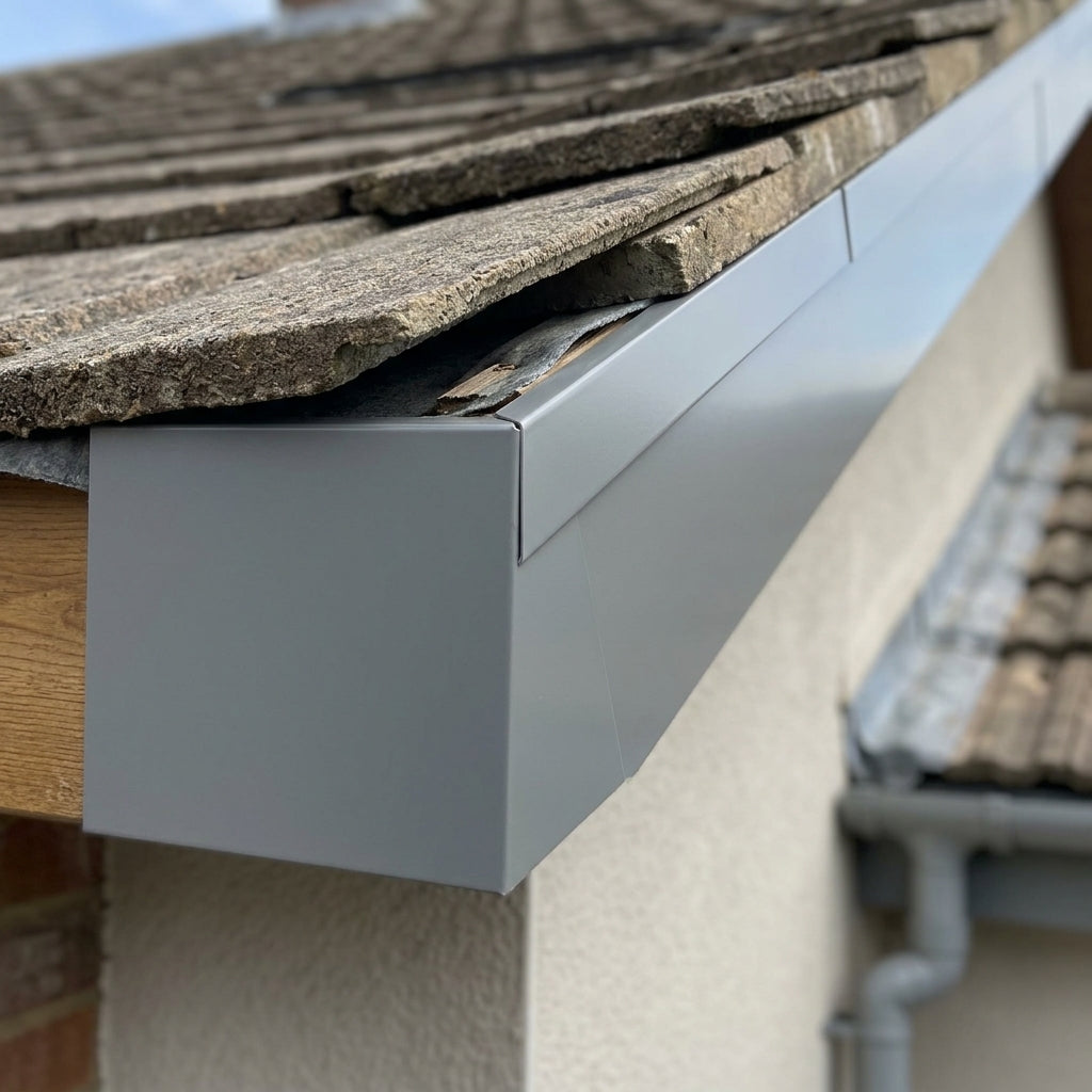 V Return Aluminium Fascia Angle Covers for Mitred Corners — RAL 7037 / 135 Deg External Angle (in use)