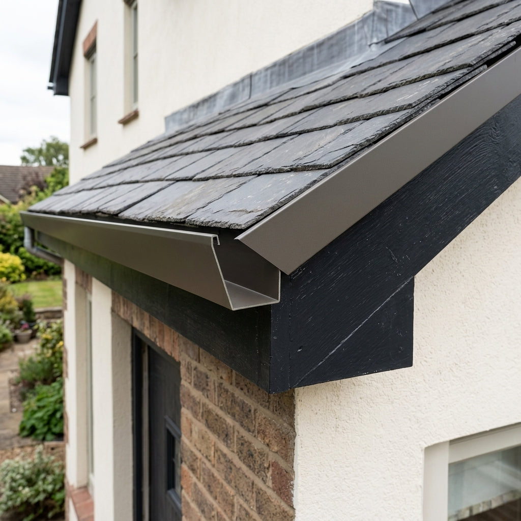 V Return Aluminium Fascia Angle Covers for Mitred Corners — RAL 7022 / 135 Deg External Angle (in use)